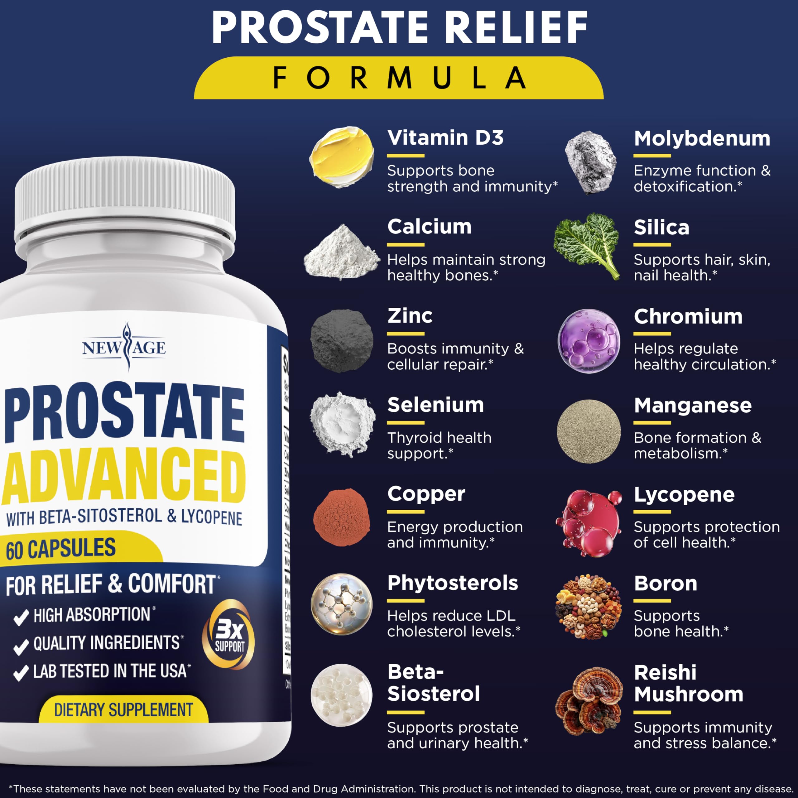 NEW AGE Prostate bottle side highlights gluten-free, non-GMO quality