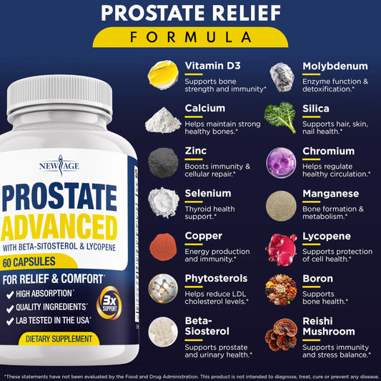 NEW AGE Prostate bottle side highlights gluten-free, non-GMO quality