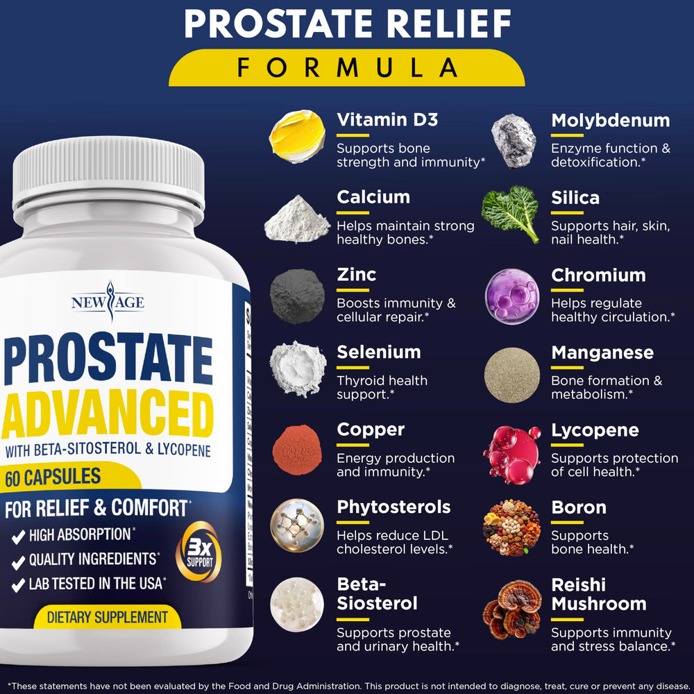 NEW AGE Prostate label highlighting lycopene and beta sitosterol for prostate health