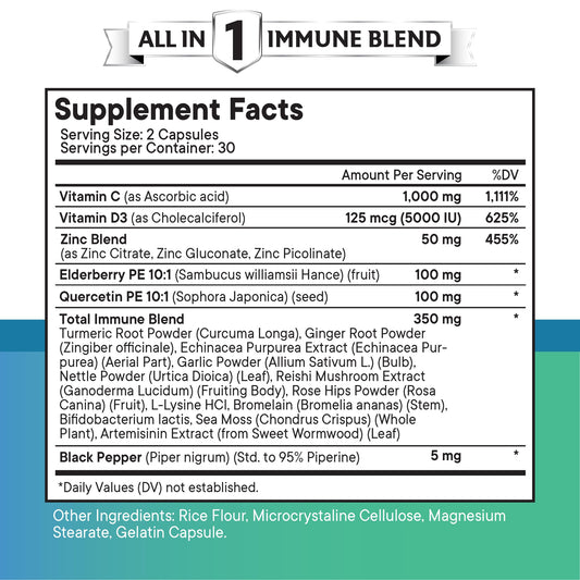 NEW AGE Quercetin Zinc Vitamin C Bromelain bottle back shows dosage for daily wellness
