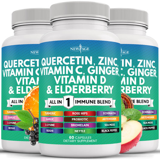 NEW AGE Quercetin Zinc Vitamin C Bromelain bottle front promoting daily immune support
