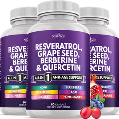 NEW AGE Resveratrol-Berberine bottle highlighting a comprehensive polyphenol blend for daily wellness