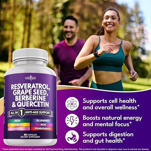 NEW AGE Resveratrol-Berberine label detail shows active ingredients.