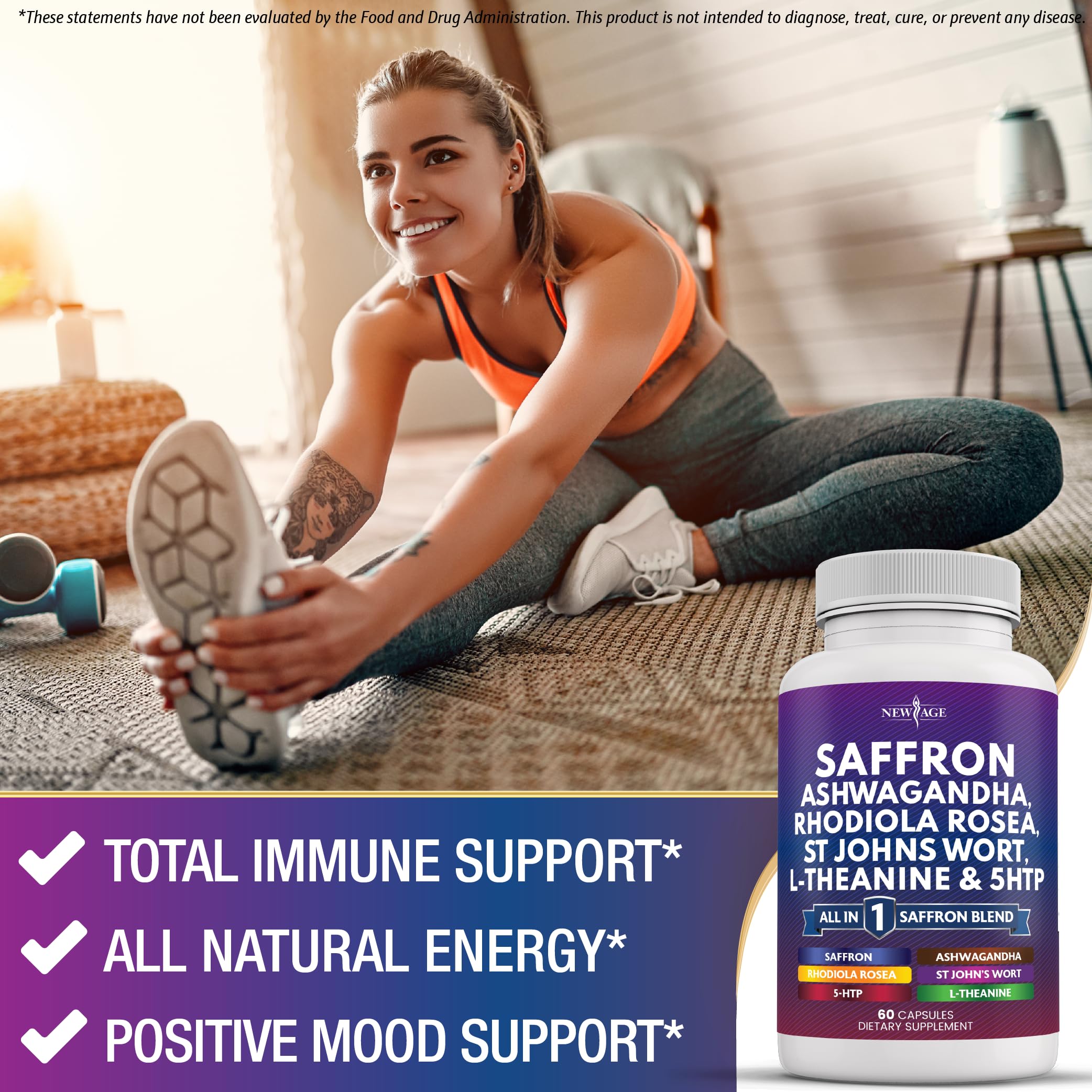 New Age saffron-st-johns-wort-5htp info highlights key ingredients.