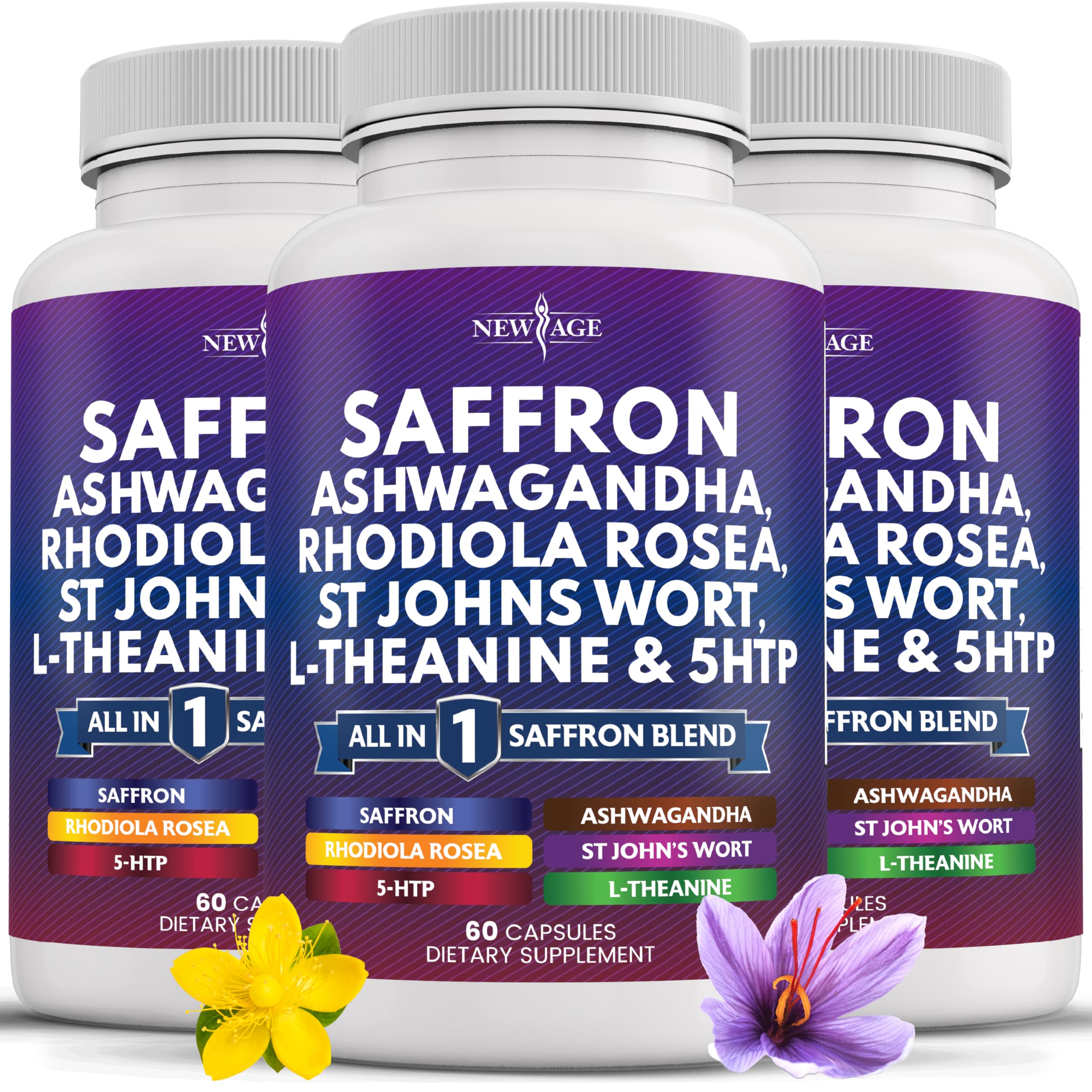 New Age saffron supplement bottle front for daily stress support.