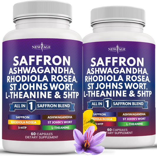 NEW AGE saffron supplements bottle front view for daily support and focus.