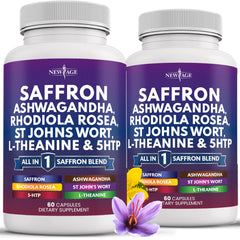 NEW AGE saffron supplements bottle front view for daily support and focus.