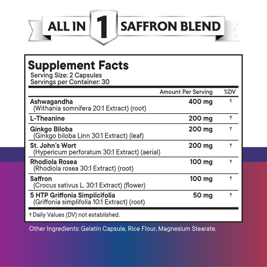 NEW AGE saffron bottle label displays key blend and quality testing.