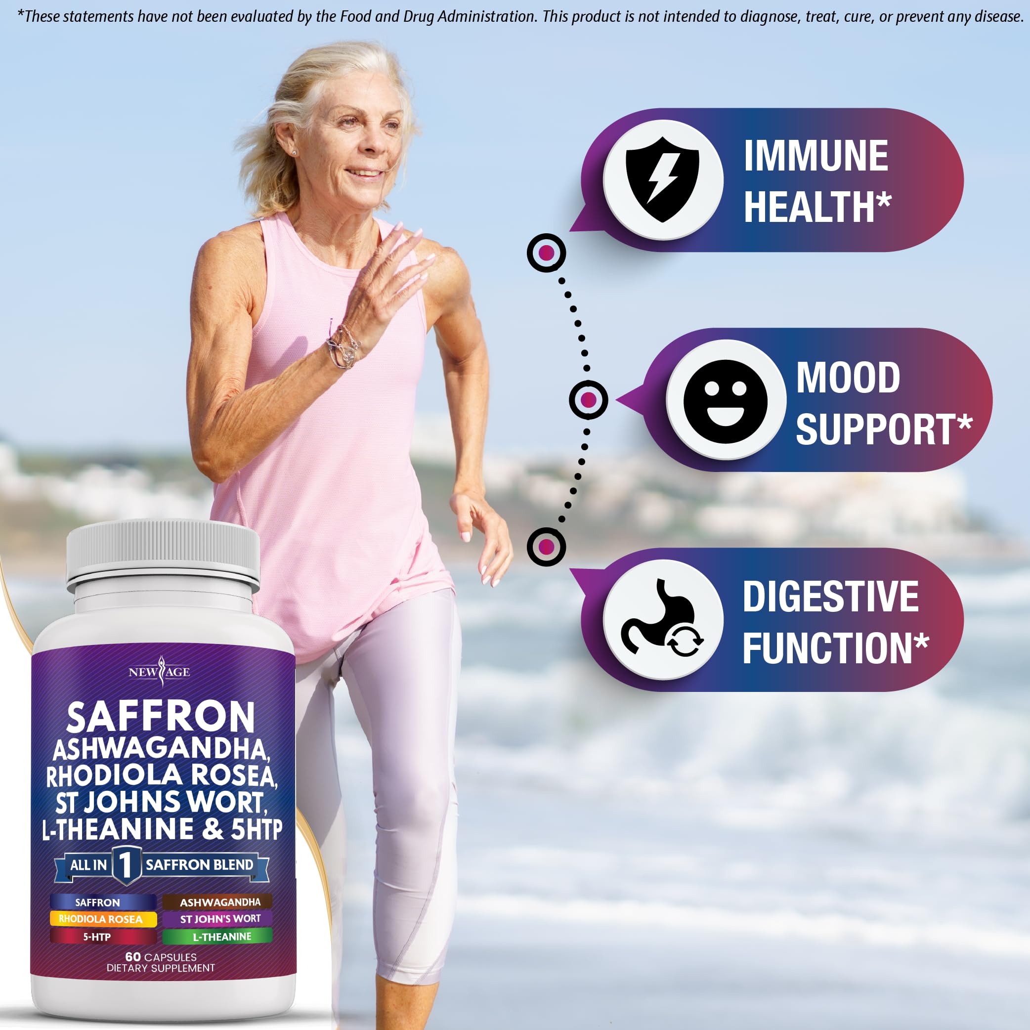 NEW AGE saffron capsules on a glass with water suggests daily routine use.