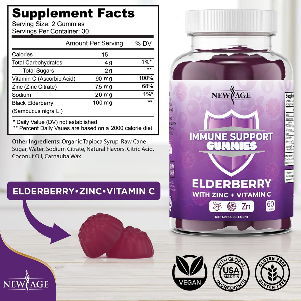 New Age Sambucus elderberry label close-up highlighting antioxidant-rich formula