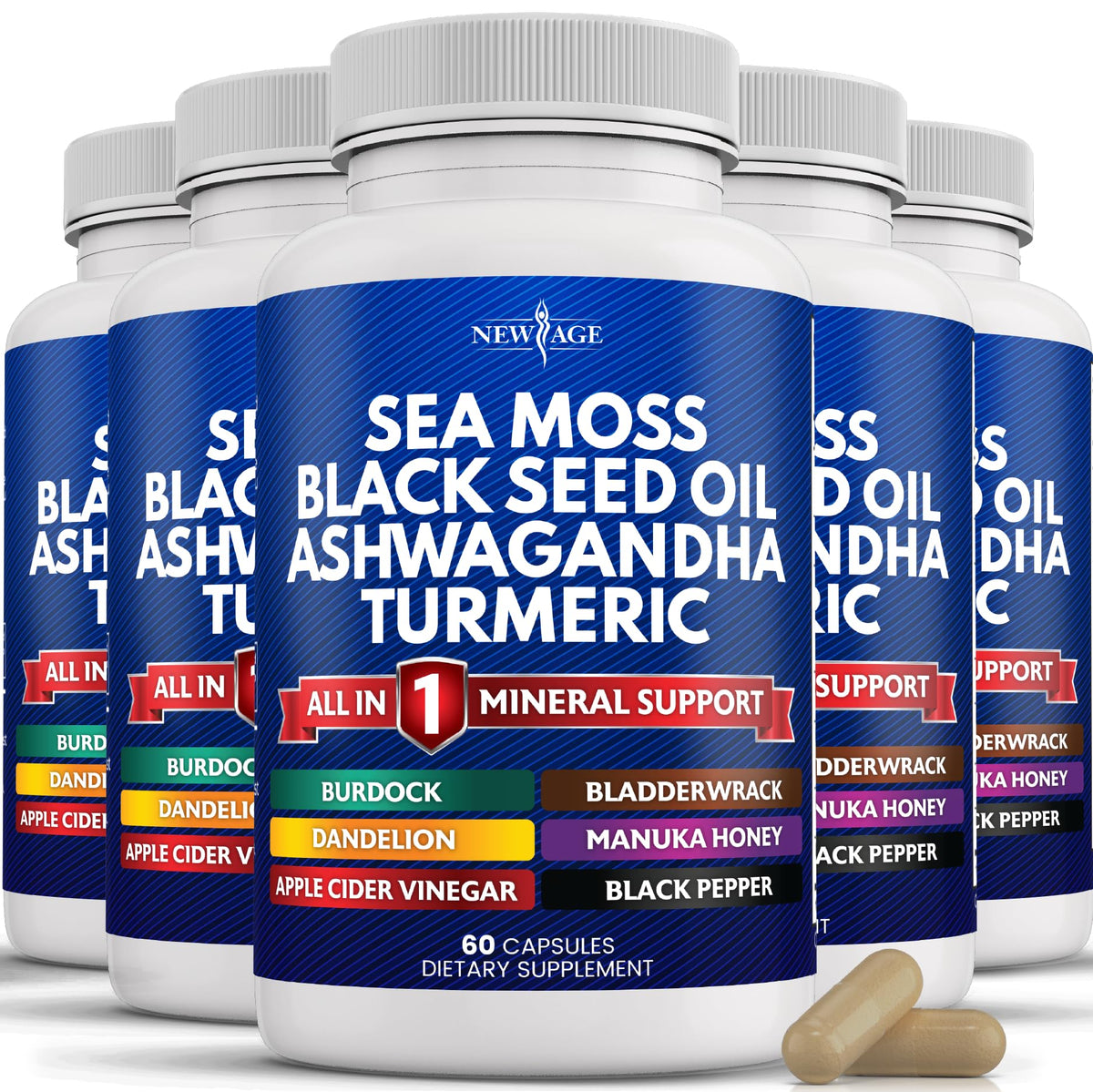 New Age Sea Moss bottle with capsules for daily wellness support.