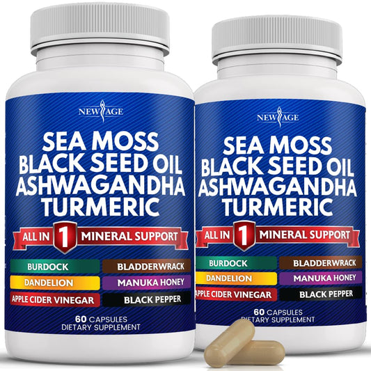 NEW AGE Sea Moss Capsules bottle shows a convenient all-in-one mineral support in a single package
