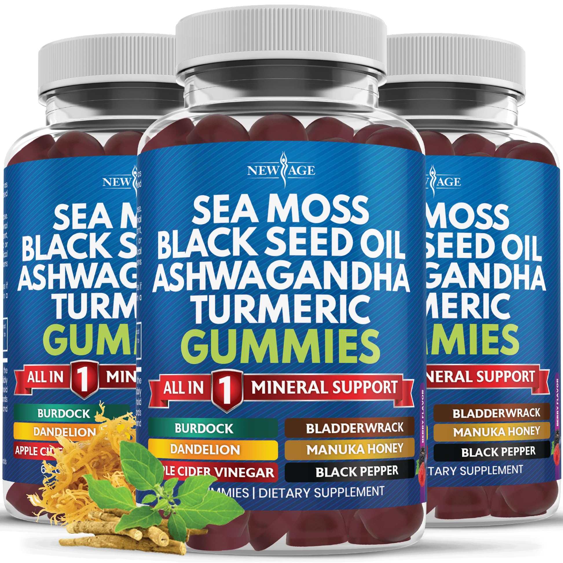 NEW AGE Sea Moss Gummies bottle highlighting daily wellness and immune support.