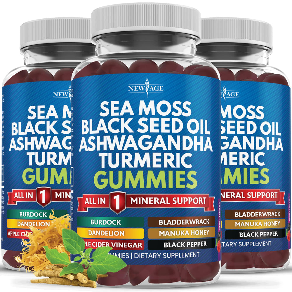 NEW AGE Sea Moss Gummies bottle highlighting daily wellness and immune support.