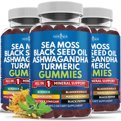 NEW AGE Sea Moss Gummies bottle highlighting daily wellness and immune support.