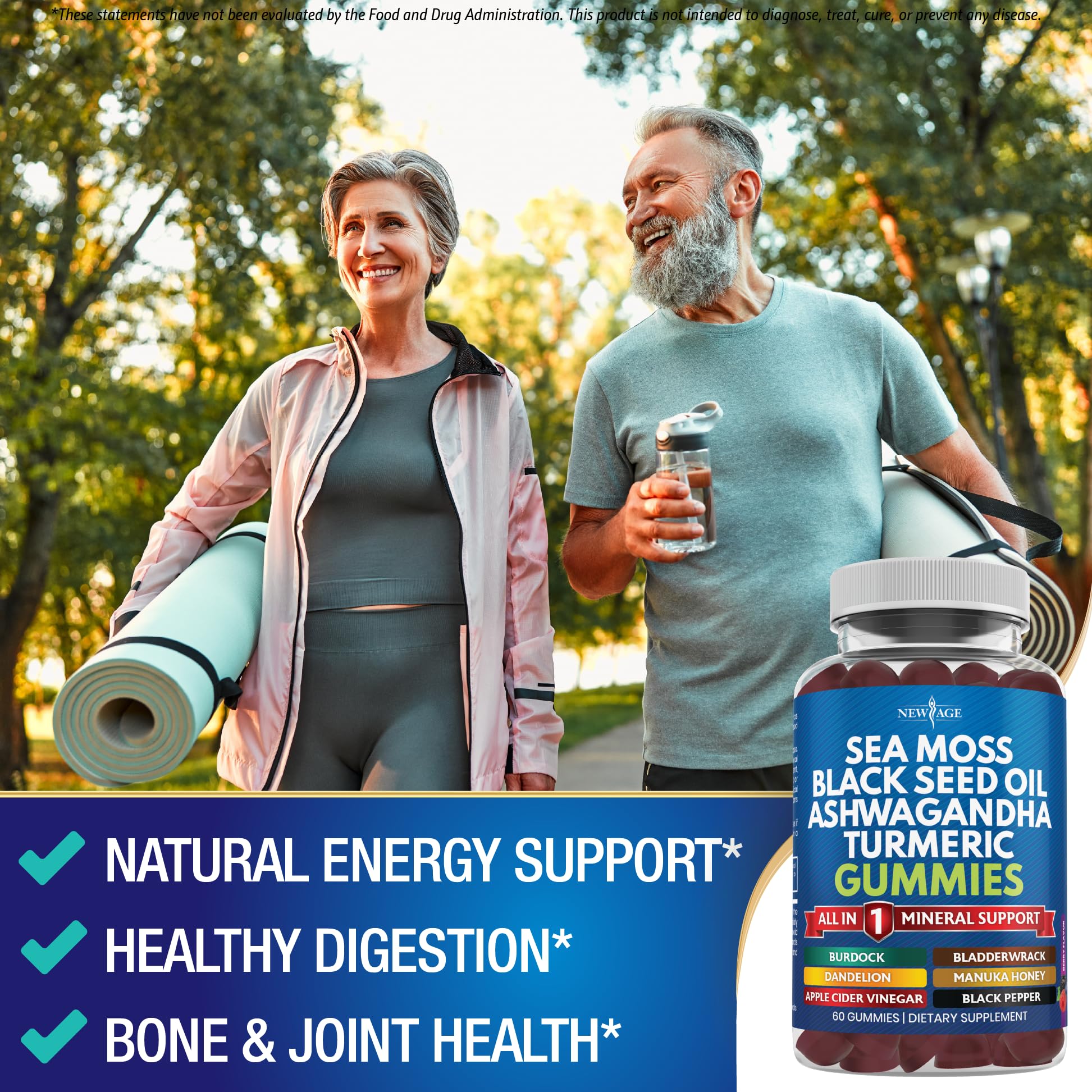 NEW AGE Sea Moss Gummies ingredients spread highlights the 10-in-1 blend.