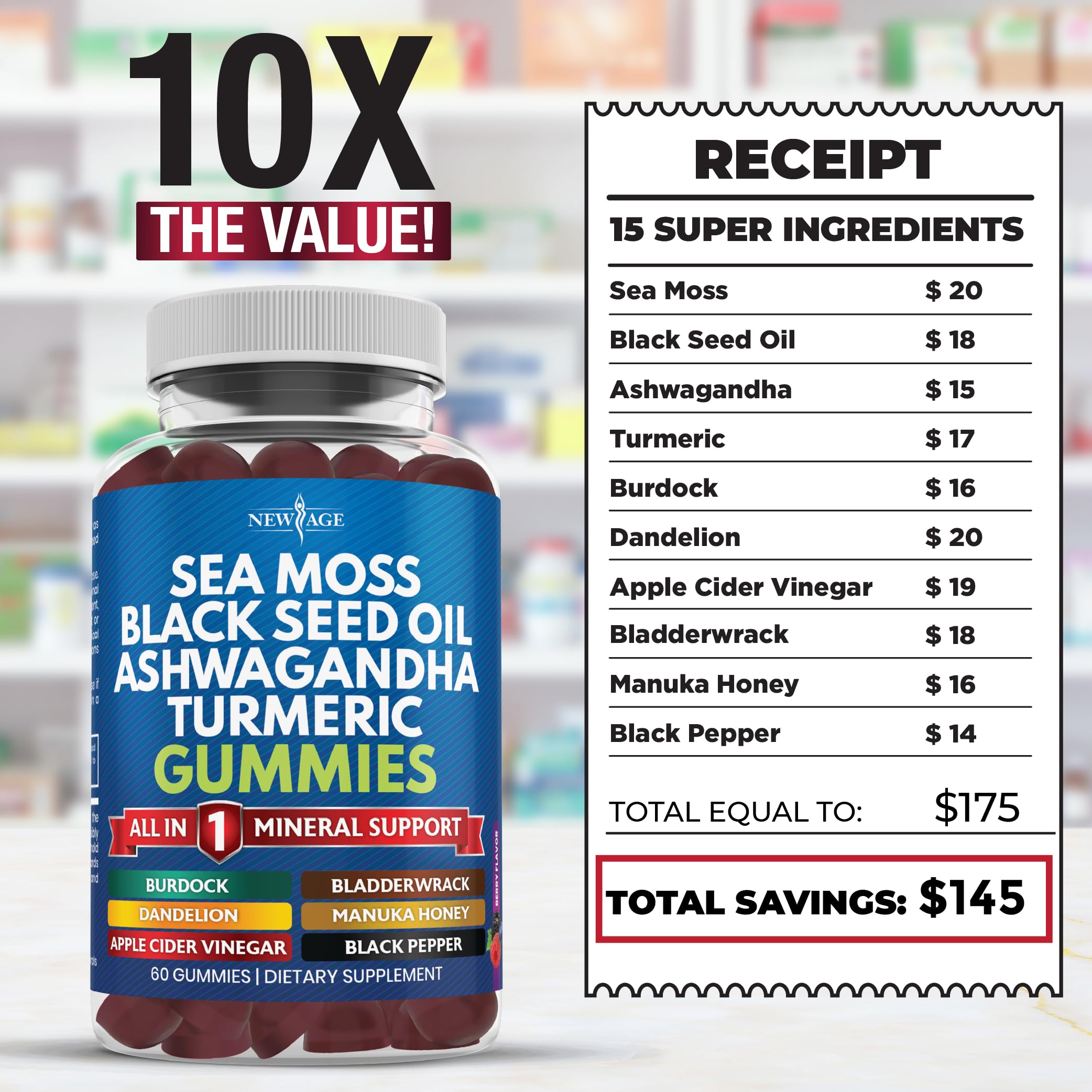 New Age Sea Moss Gummies packaging box showcases product details