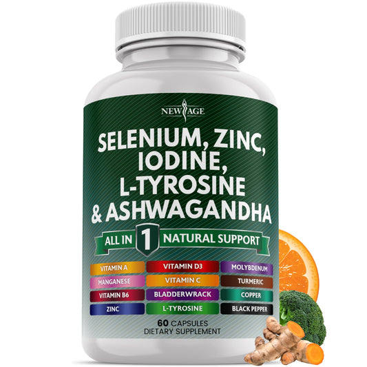 NEW AGE selenium-zinc-iodine-l-tyrosine-ashwagandha bottle front for daily wellness