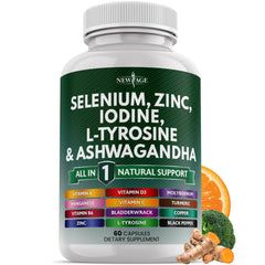 NEW AGE selenium-zinc-iodine-l-tyrosine-ashwagandha bottle front for daily wellness