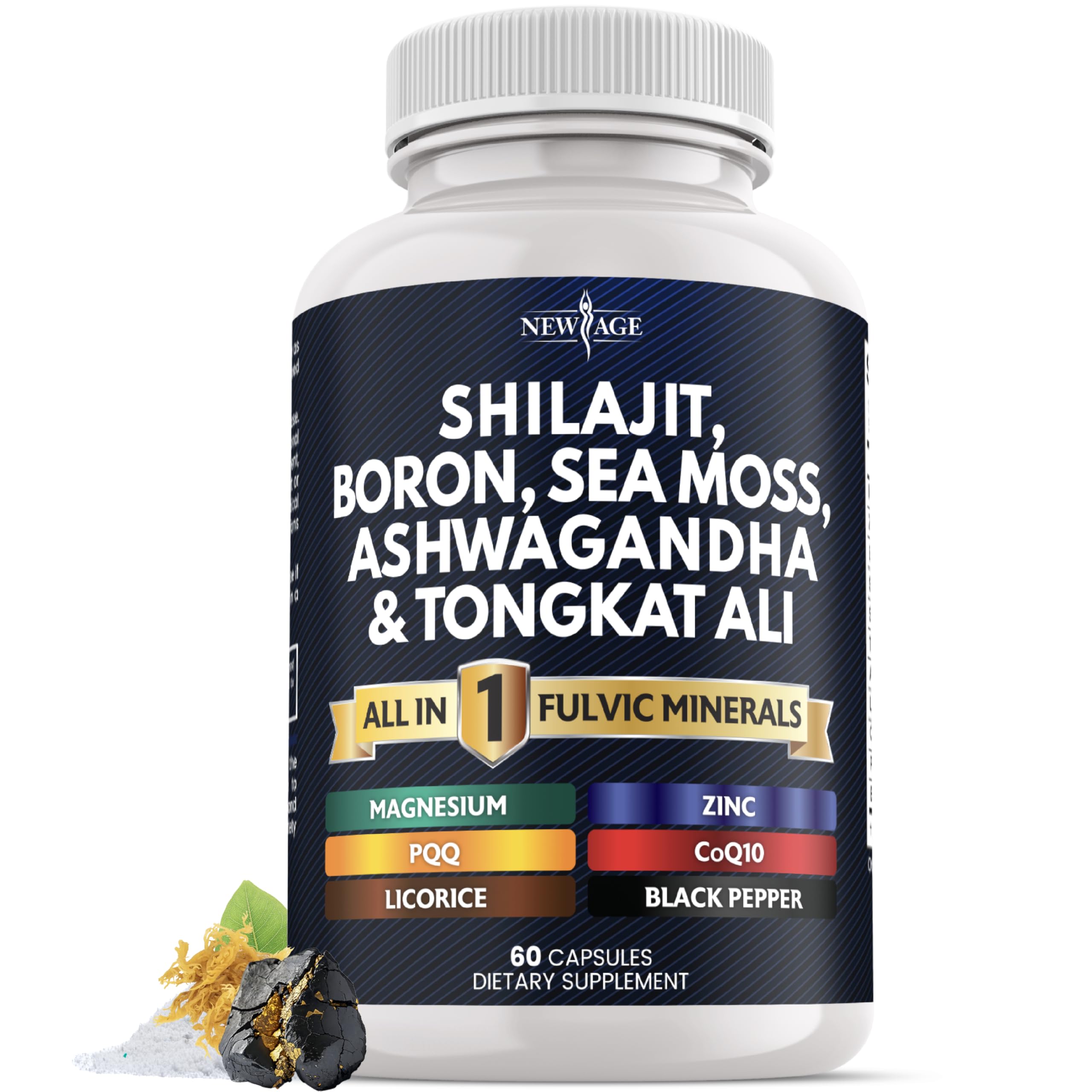 NEW AGE Shilajit sea moss bottle showing the mineral blend for daily vitality.