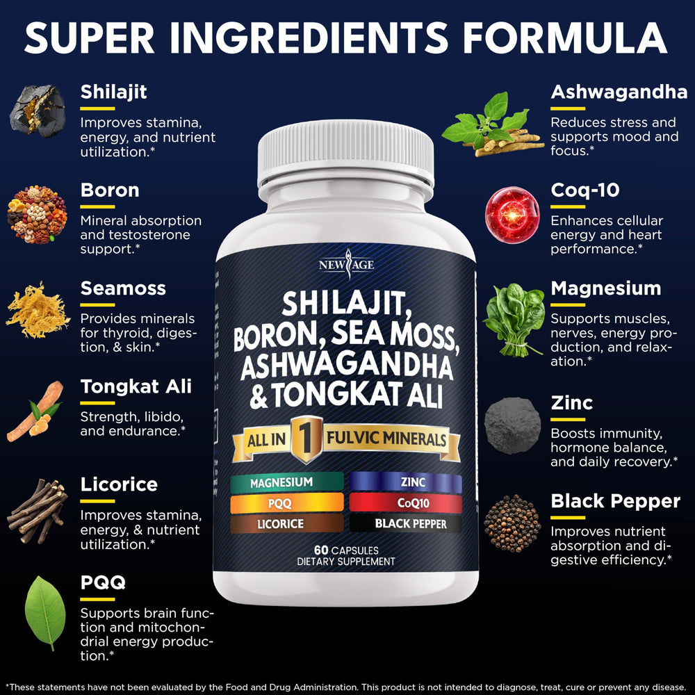 NEW AGE Shilajit sea moss capsules arranged with packaging on table.
