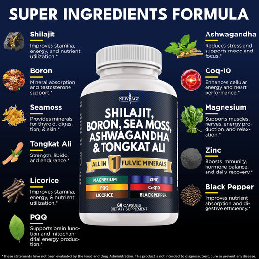 NEW AGE Shilajit sea moss capsules arranged with packaging on table.