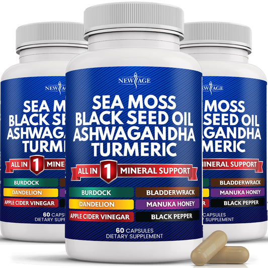 New Age Silica Sea Moss bottle closeup highlighting joint and skin support possibilities