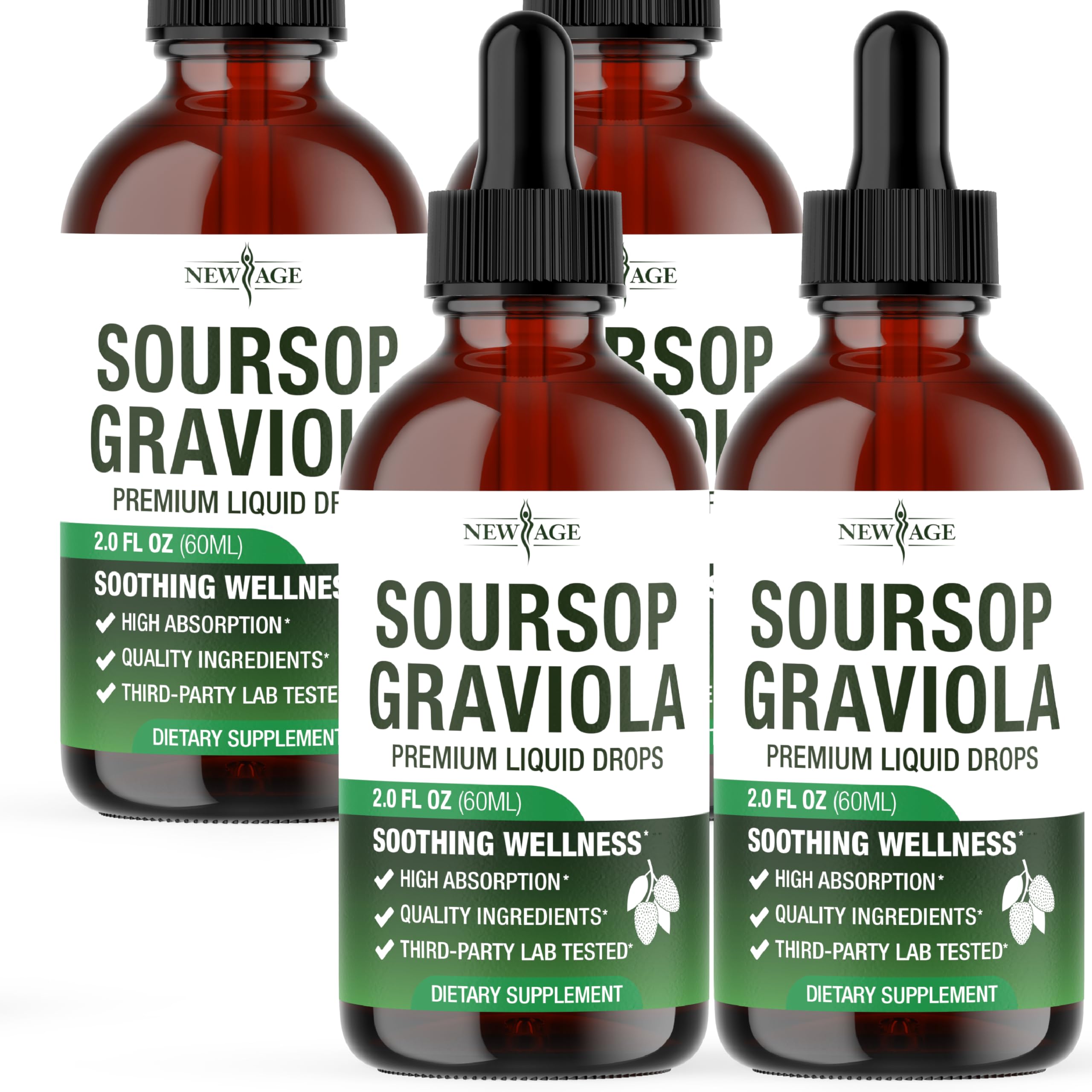 NEW AGE Soursop Drops bottle front highlighting a premium daily wellness formula