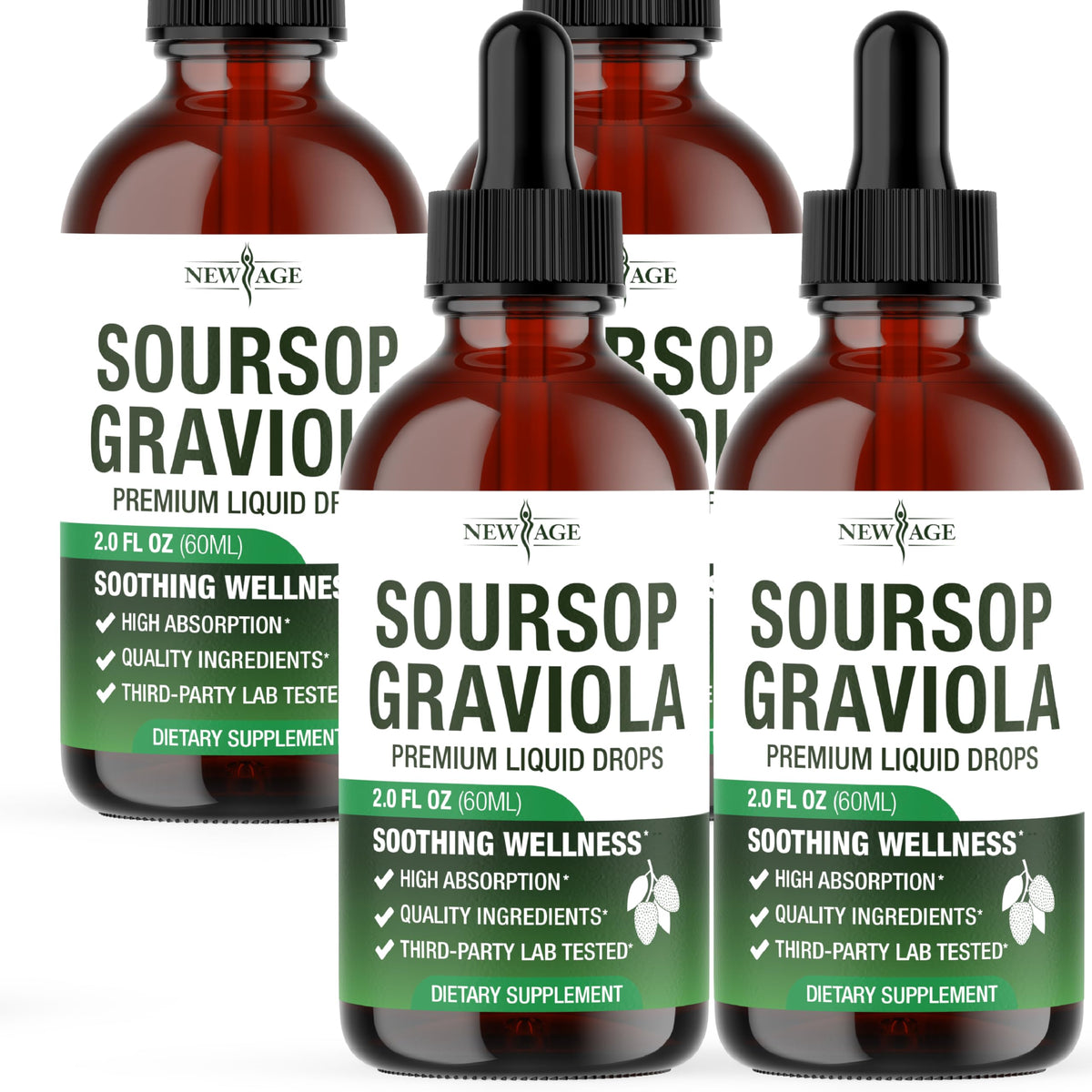 NEW AGE Soursop Drops bottle front highlighting a premium daily wellness formula