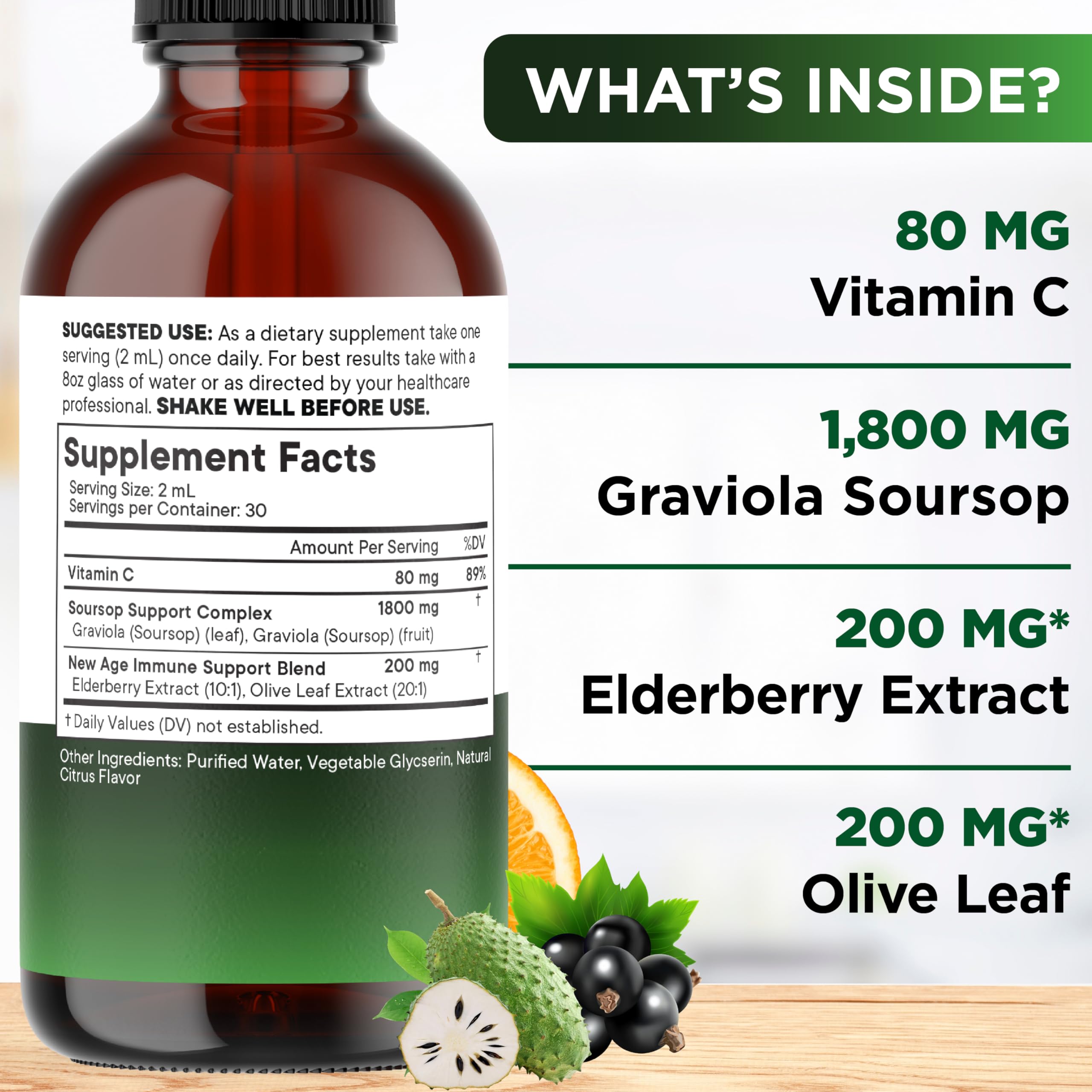 New Age Soursop Drops elderberry blend close up highlighting immune friendly formula.