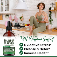 New Age Soursop Drops graviola leaf and fruit detail emphasizes natural ingredients.