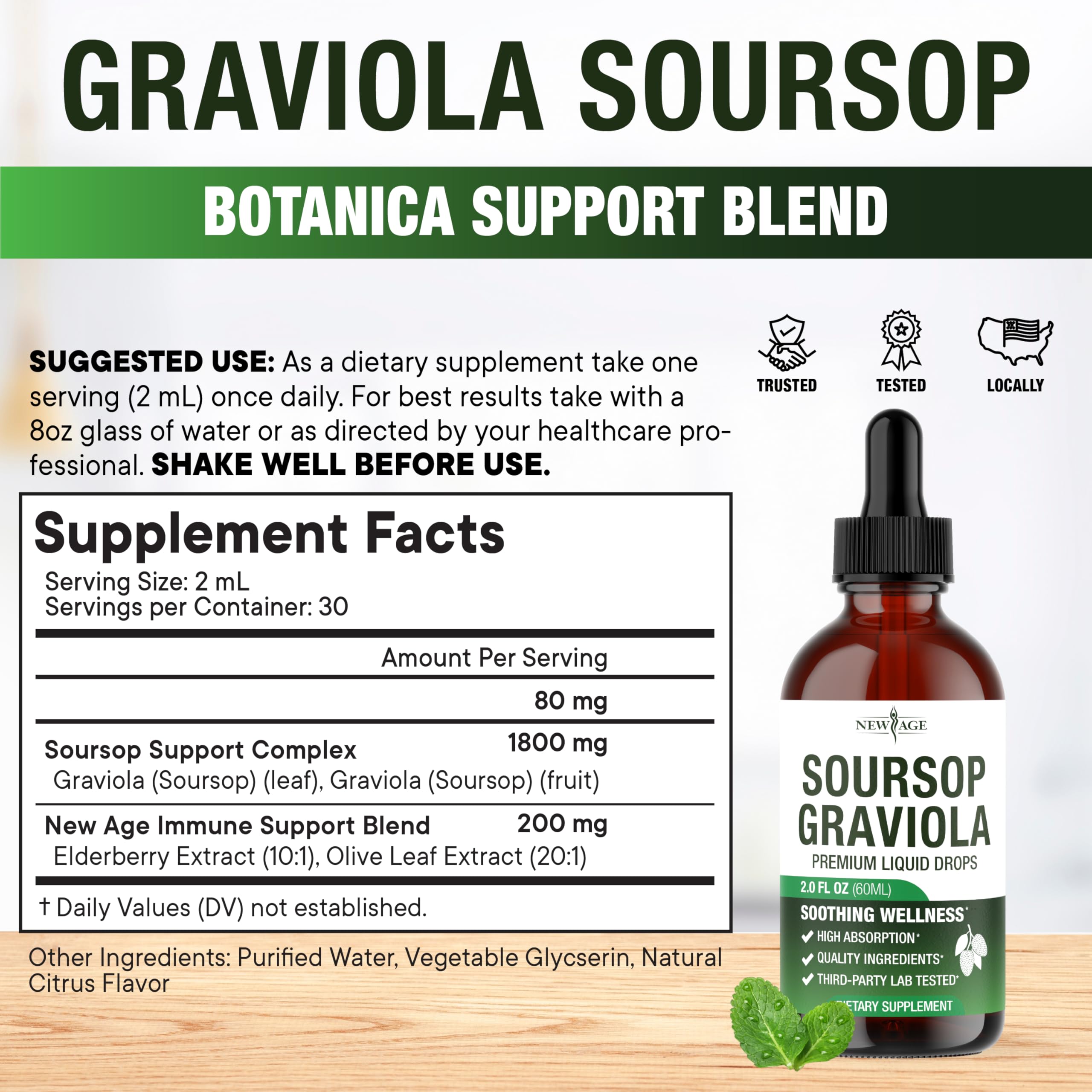 New Age Soursop Drops liquid pour showing convenient dosing.