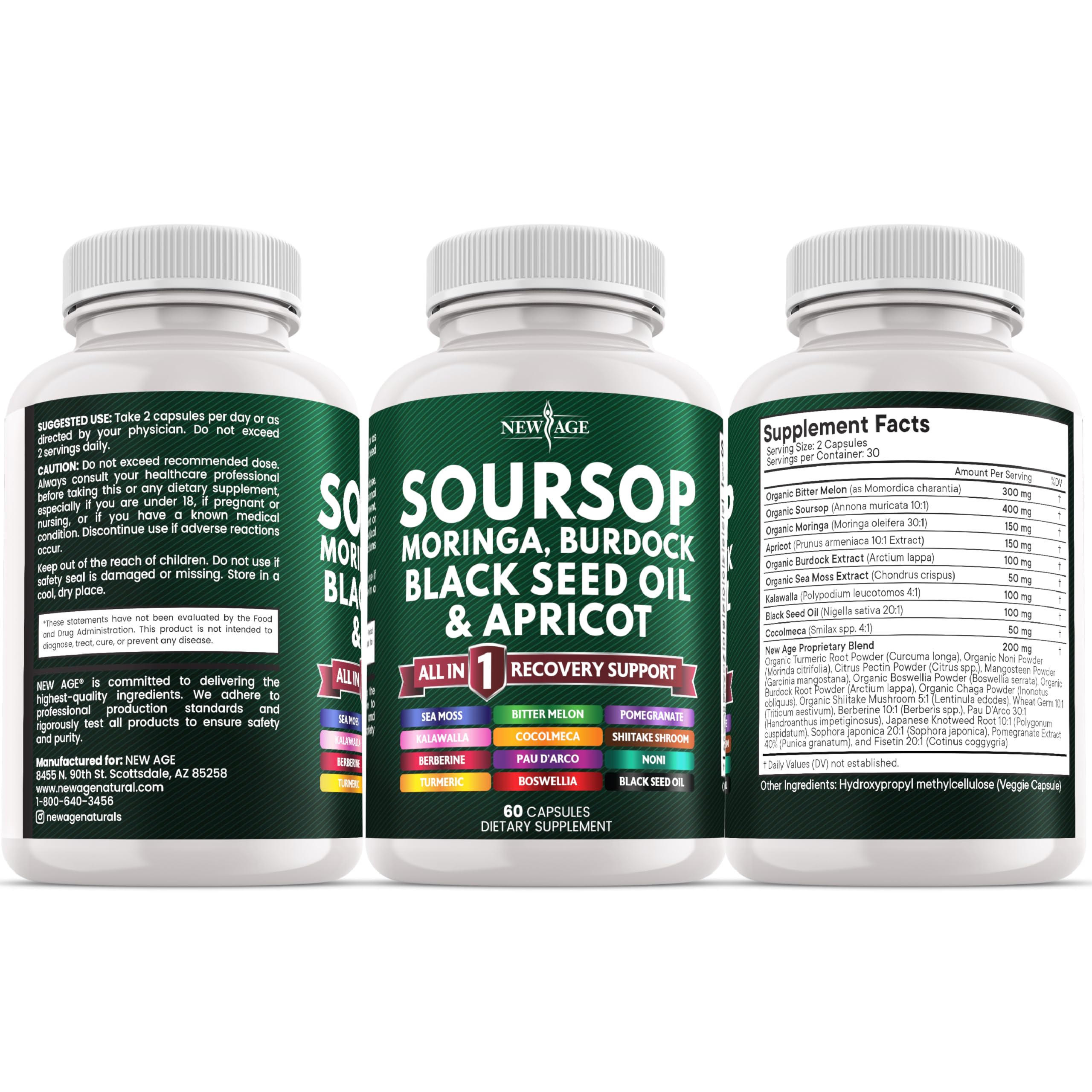 NEW AGE Soursop bottle label close-up shows ingredients and purity