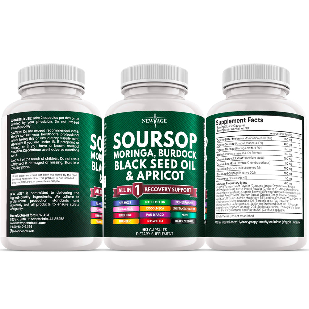 NEW AGE Soursop bottle label close-up shows ingredients and purity