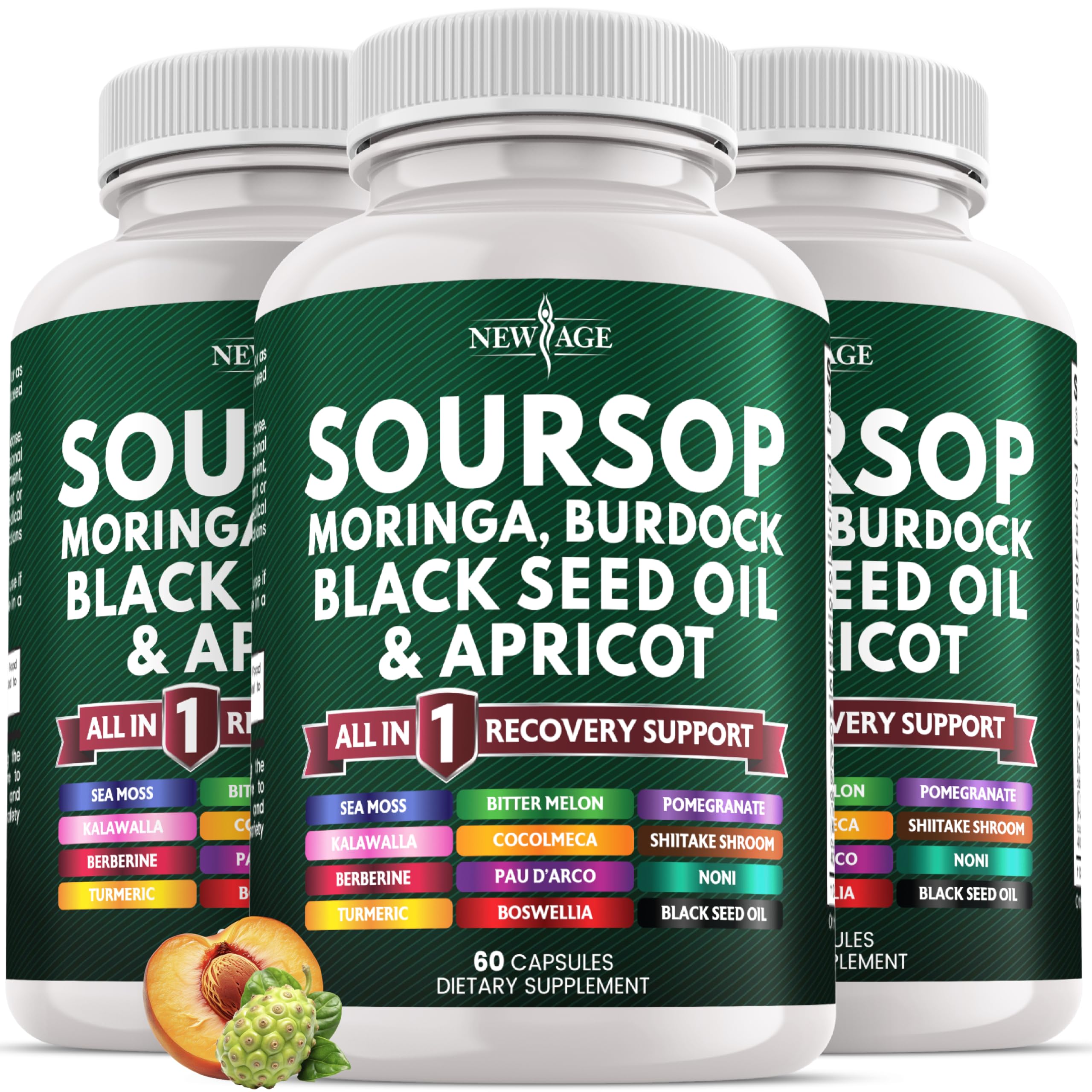 NEW AGE Soursop Supplement bottle showing a full-spectrum wellness blend for daily routines