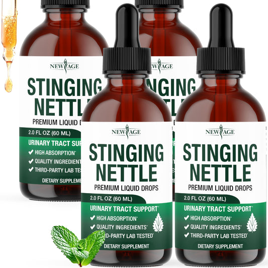 NEW AGE Stinging Nettle Root Drops bottle front, vegan tincture for daily wellness