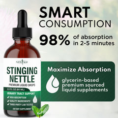 NEW AGE Stinging Nettle Root Drops on wooden table with nettle plant sprigs