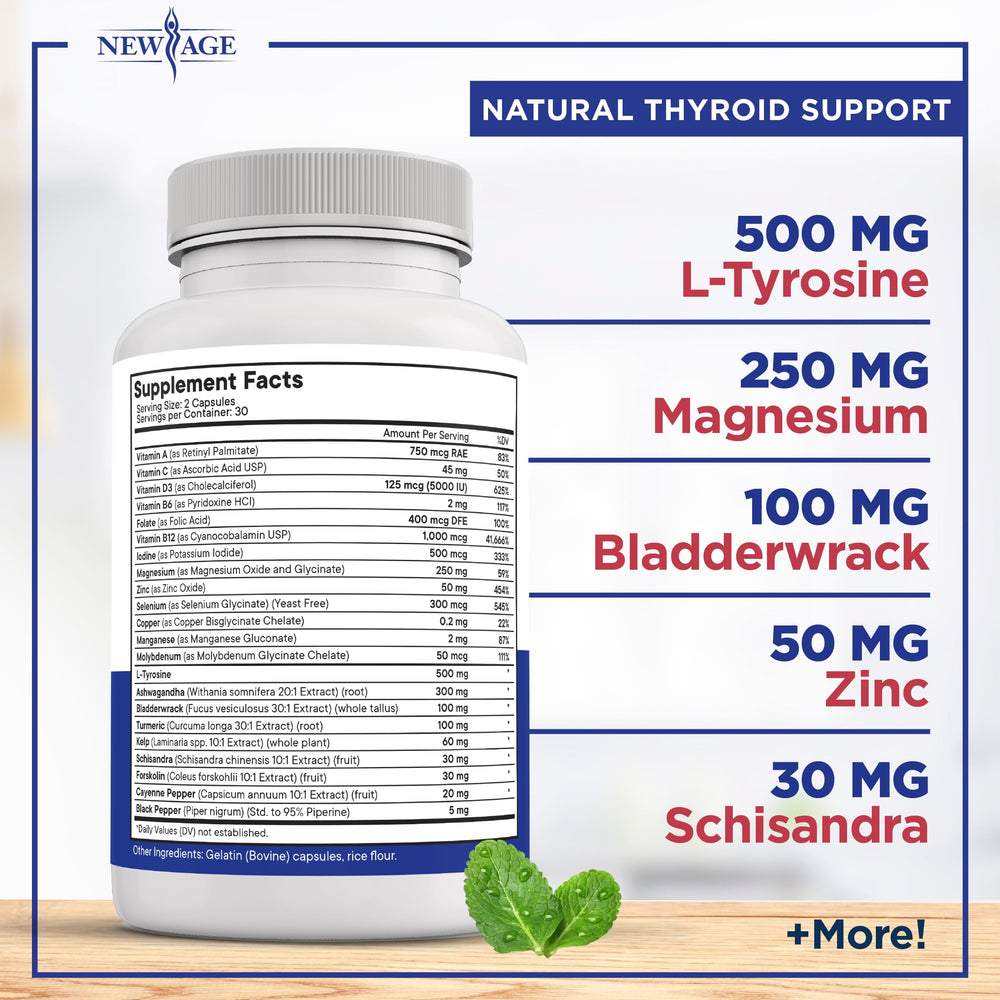 New Age Thyroid Blend ingredients panel highlights iodine-rich formula for balance.