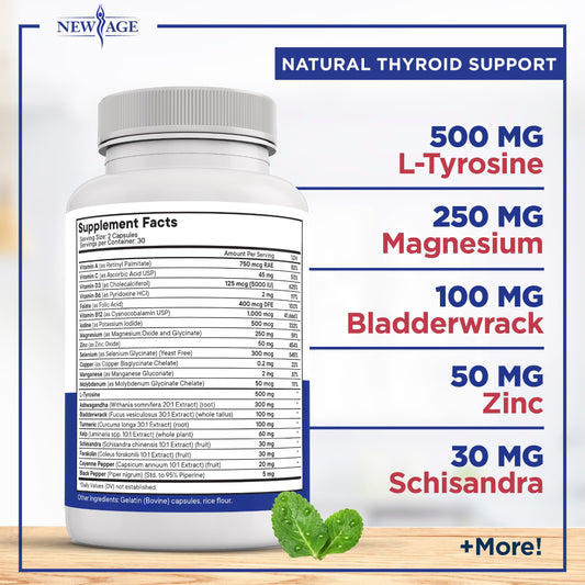 New Age Thyroid Blend ingredients panel highlights iodine-rich formula for balance.