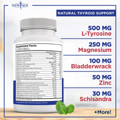 New Age Thyroid Blend ingredients panel highlights iodine-rich formula for balance.