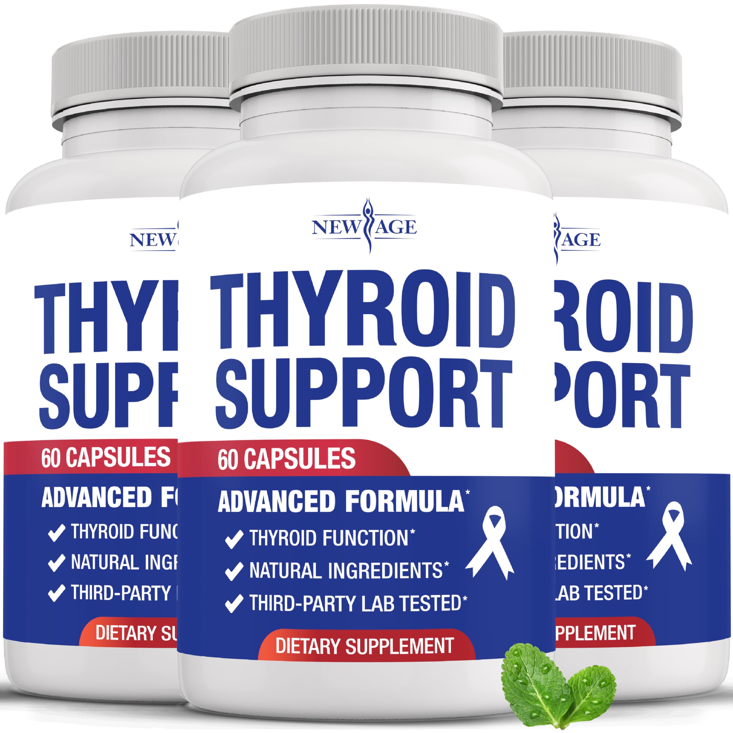 NEW AGE Thyroid Support bottle front showing product styling and capsule shape for daily use