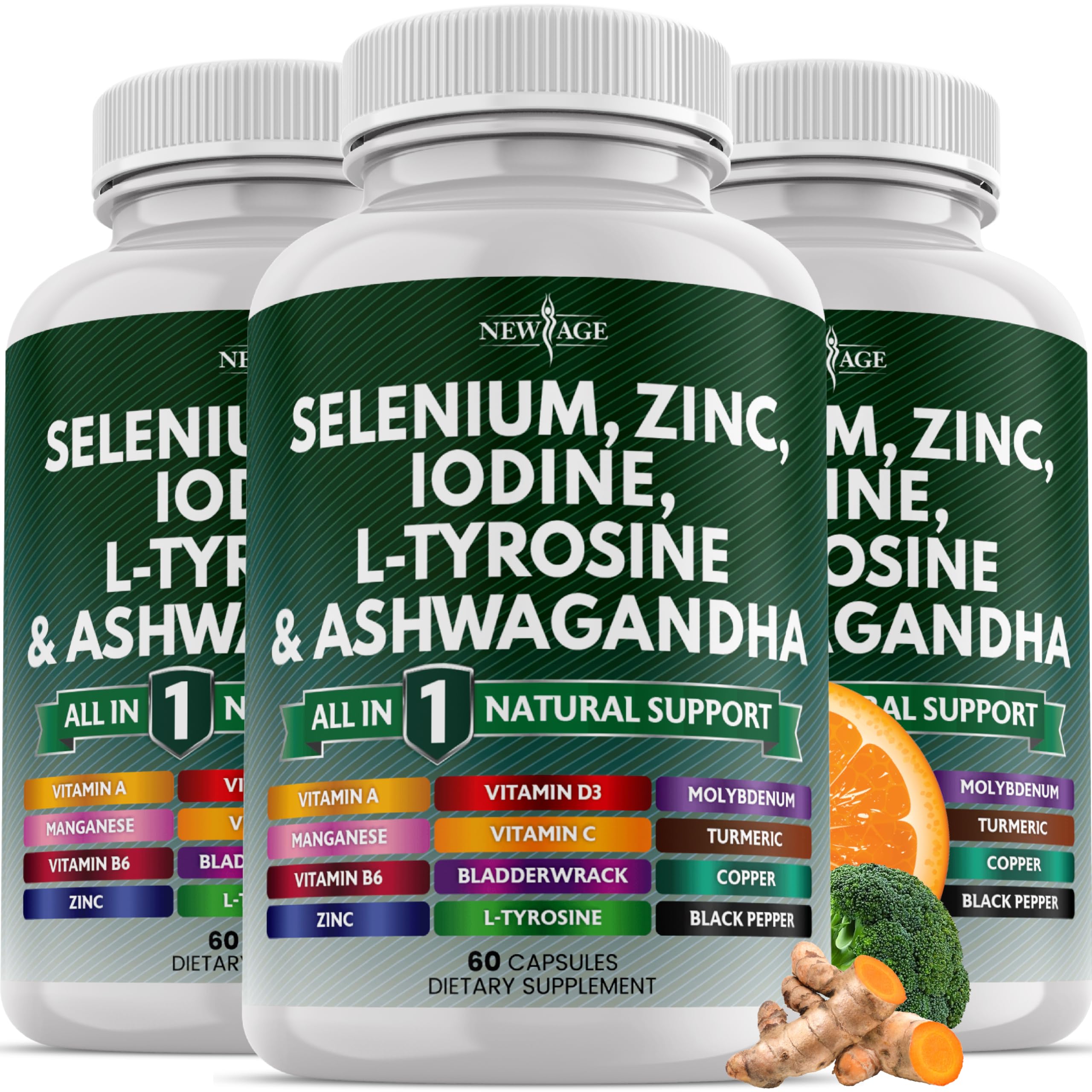 NEW AGE thyroid support bottle label highlighting trusted ingredients for daily wellness