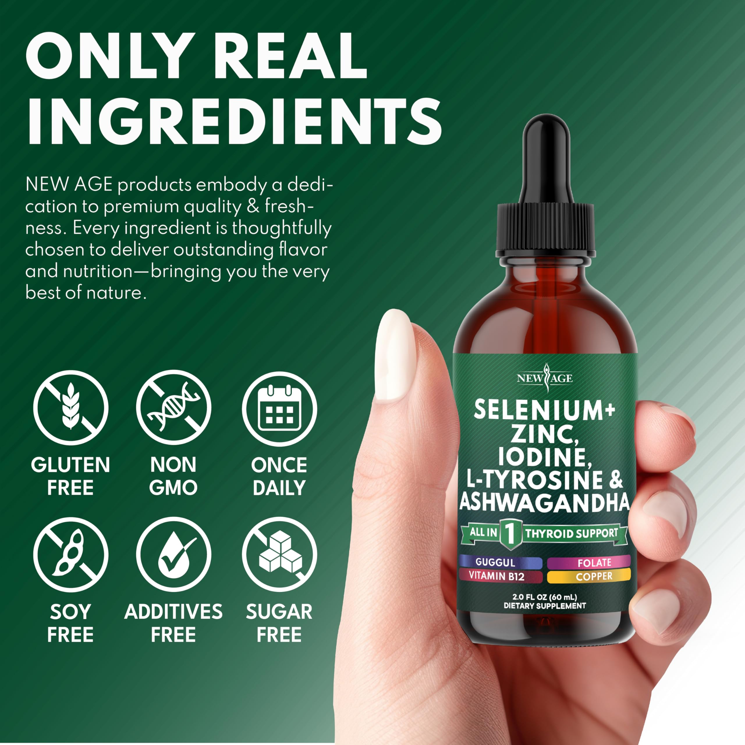 NEW AGE Thyroid Support Drops bottle closeup emphasizes easy dose dropper and liquid texture.