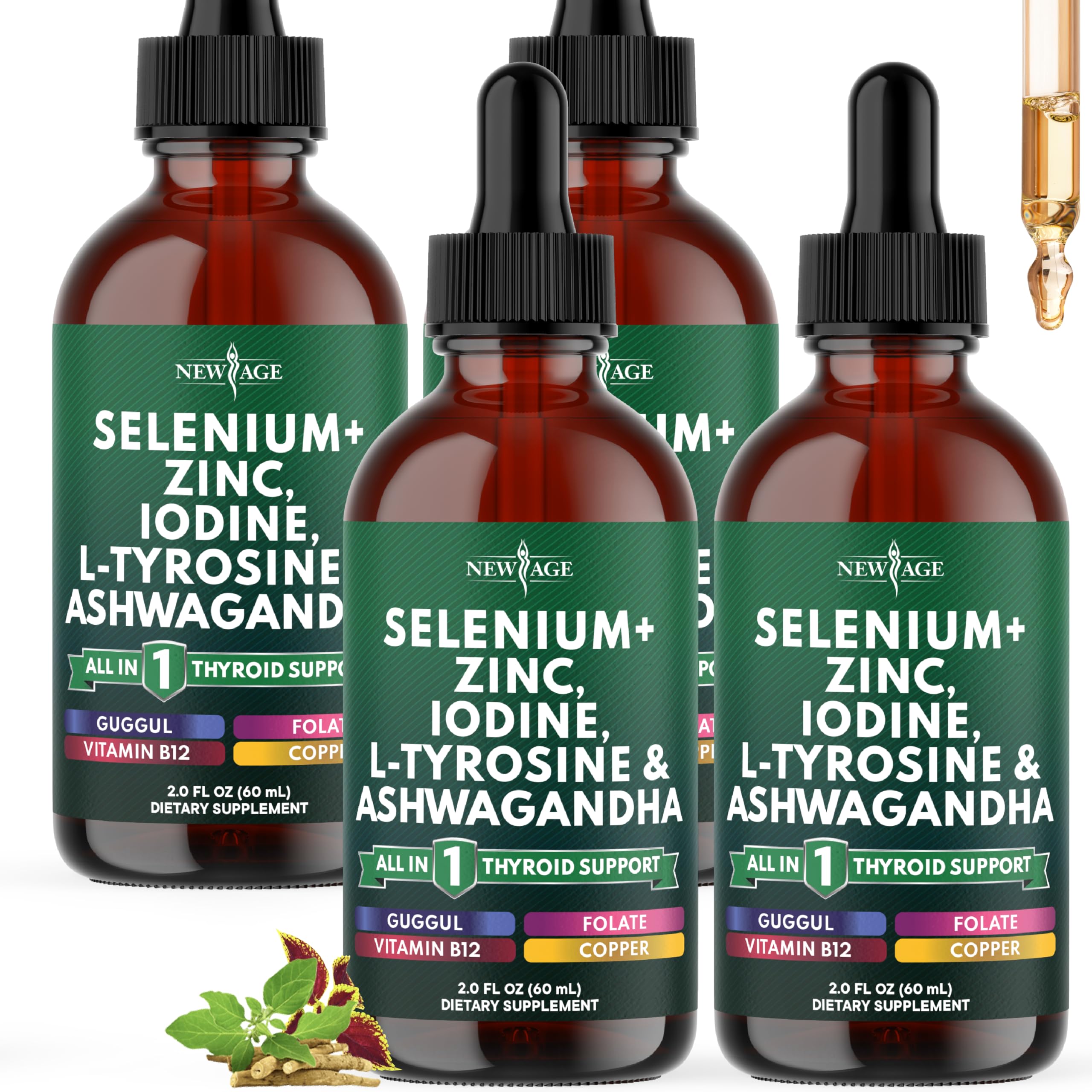 NEW AGE Thyroid Support Drops bottle view highlighting alcohol-free, vegan formula for daily wellness.