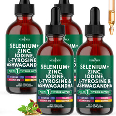 NEW AGE Thyroid Support Drops bottle view highlighting alcohol-free, vegan formula for daily wellness.