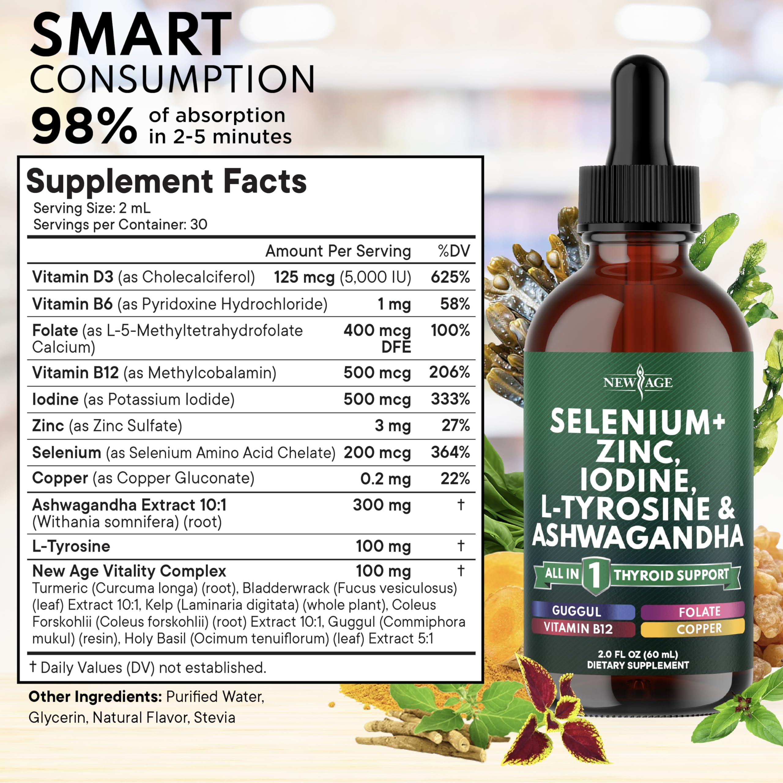 NEW AGE Thyroid Support Drops daily-use bottle view illustrating easy, convenient supplementation.