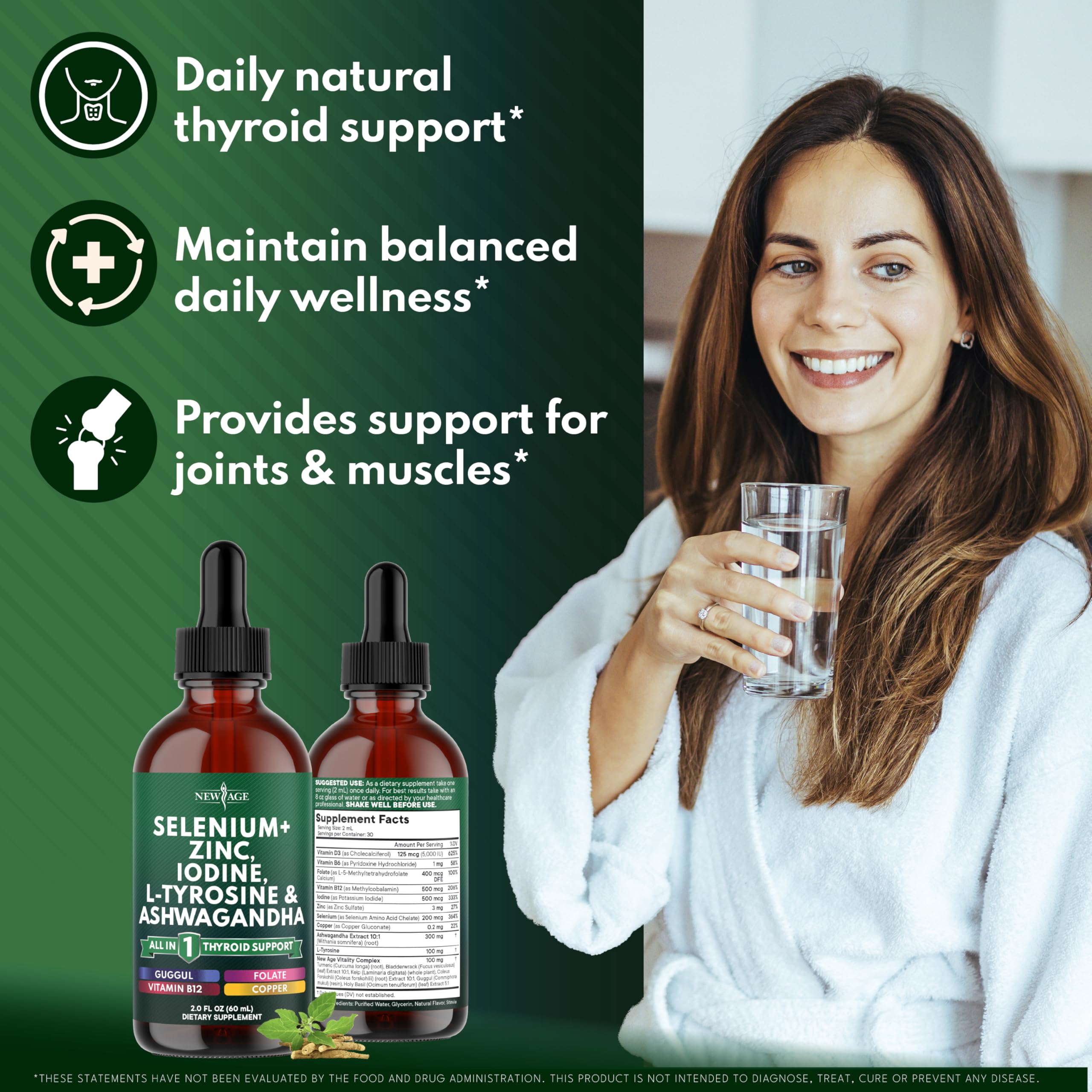 NEW AGE Thyroid Support Drops label closeup emphasizing clean, alcohol-free formulation.