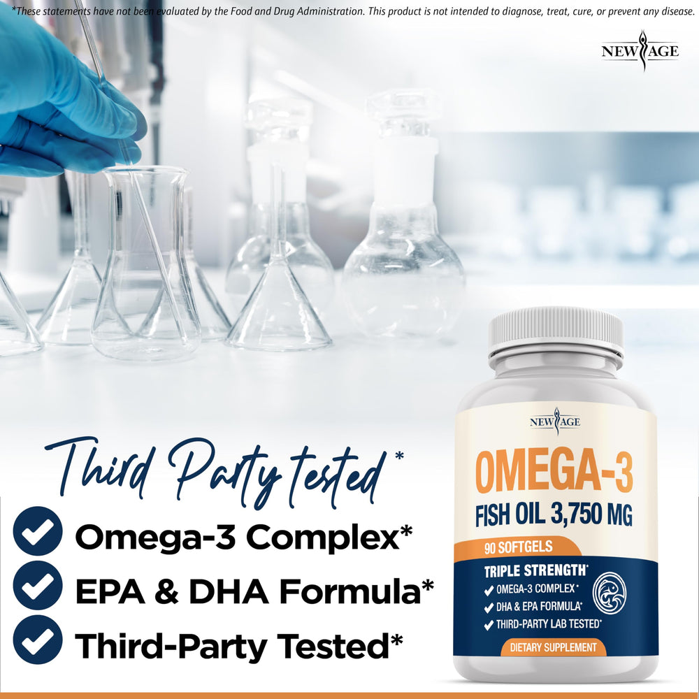 New Age triple-strength omega-3 bottle cap shows secure seal.