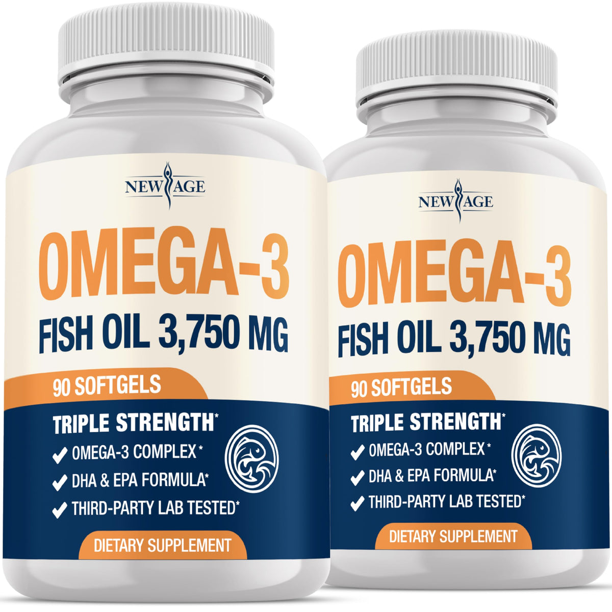 New Age Triple Strength Omega-3 bottle with burpless softgels for daily wellness.