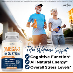 New Age Omega-3 pour shows serving-size visuals for easy measurement.